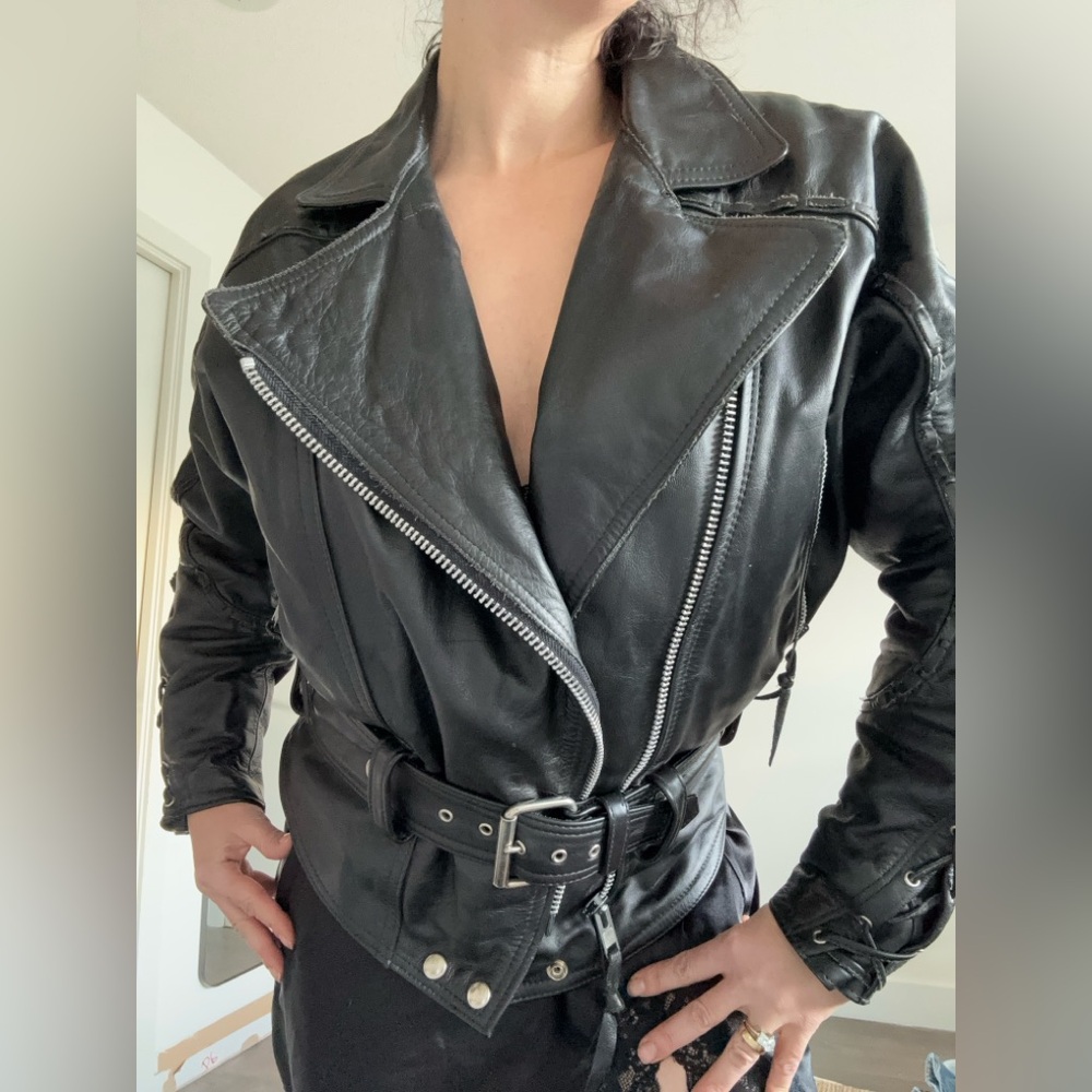 Rare Vintage 90s Custom Leather Motorcycle Jacket | Batwing Dolman | Belted